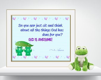 Cute Frog Christian Art, God is Awesome, Cute Frog Inspirational Quote, Digital Art, Print and Frame-JPEG Digital- PNG & PDF also available