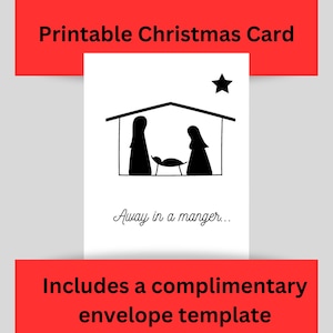 Tarjeta de Navidad, Cristiana, Natividad, Lejos en un pesebre, En blanco por dentro, Imprimible, Minimalista, , Descarga PDF, 5" X 7"