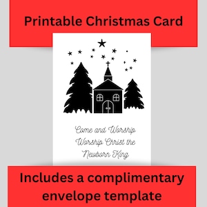 Tarjeta de Navidad, Cristiana, Iglesia y Árboles, Venid, adorémoslo, En blanco por dentro, Imprimible, Minimalista, , Descarga PDF, 5" X 7"
