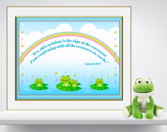 Cute Frog Christian Art, God's Promise, Genesis 9:17 Cute Frog Inspirational Quote, Digital Art, JPEG Digital- PNG & PDF also available