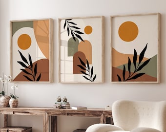 Boho Abstract Wall Art, Set of 3 Prints, Neutral Beige, Green & Terracotta Wall Art, Digital Download, Boho Landscape Art ,Housewarming Gift