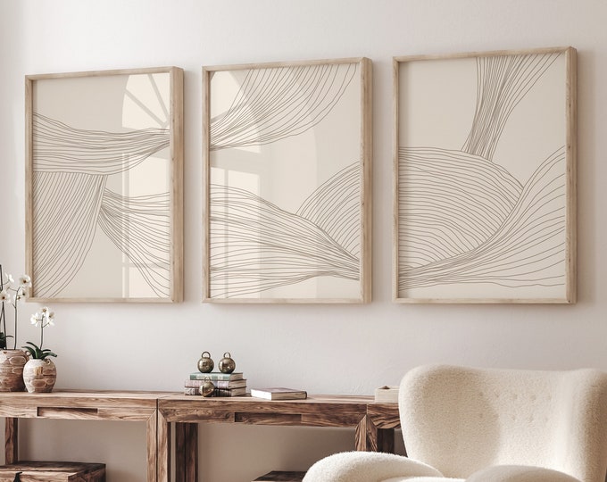 Neutral Abstract Art Prints Set of 3, Beige Tones Line Art, Boho Home ...