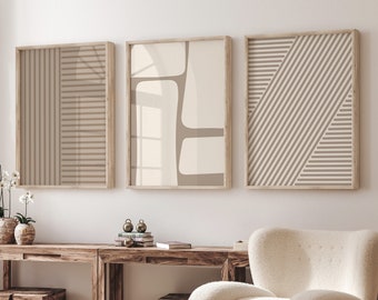 Boho Abstract Wall Art Set of 3, Neutral Beige Digital Prints, Boho Wall Decor, Mid Century Modern Wall Art, Abstract Geometric Poster