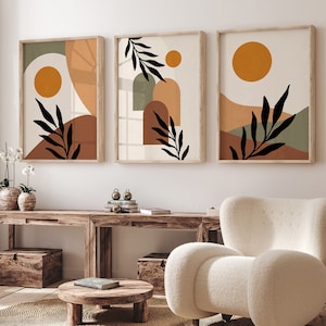 Arte abstrata de parede Boho, conjunto de 3 impressões, arte de parede bege neutro, verde e terracota, download digital, arte de paisagem Boho, presente de inauguração