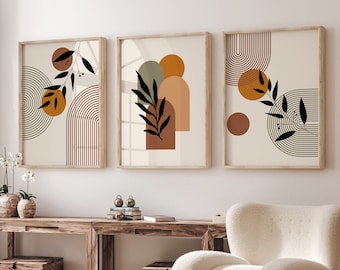 Boho Botanical Wall Art, Set of 3 Prints, Mid Century Art Prints, Neutral Modern Wall Art, Digital Download