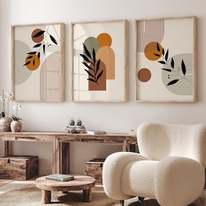 Arte botânica de parede Boho, conjunto de 3 impressões, impressões de arte de meados do século, arte de parede moderna neutra, download digital