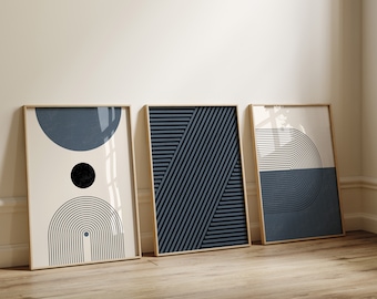 Mid Century Wall Art Set of 3, Navy Blue Neutral Modern Art, Boh Style Art Prints, Geometric Digital Download, Nordic Room Decor