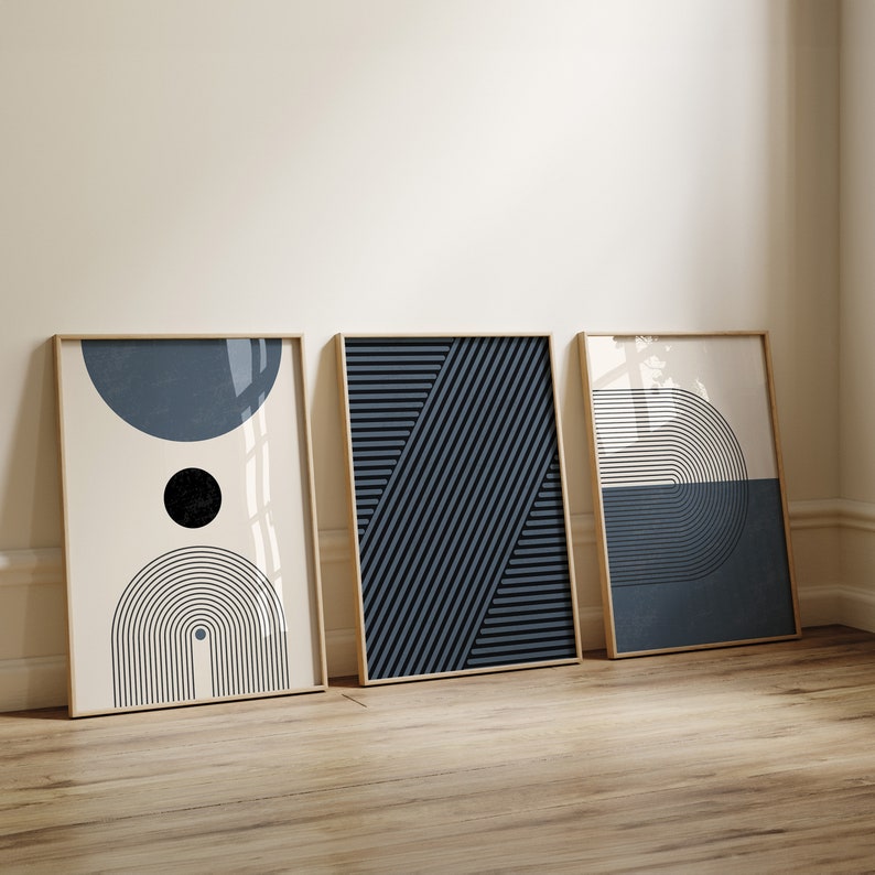 Mid Century Modern Wall Art Set: Navy Blue Geometric Prints (digital ...