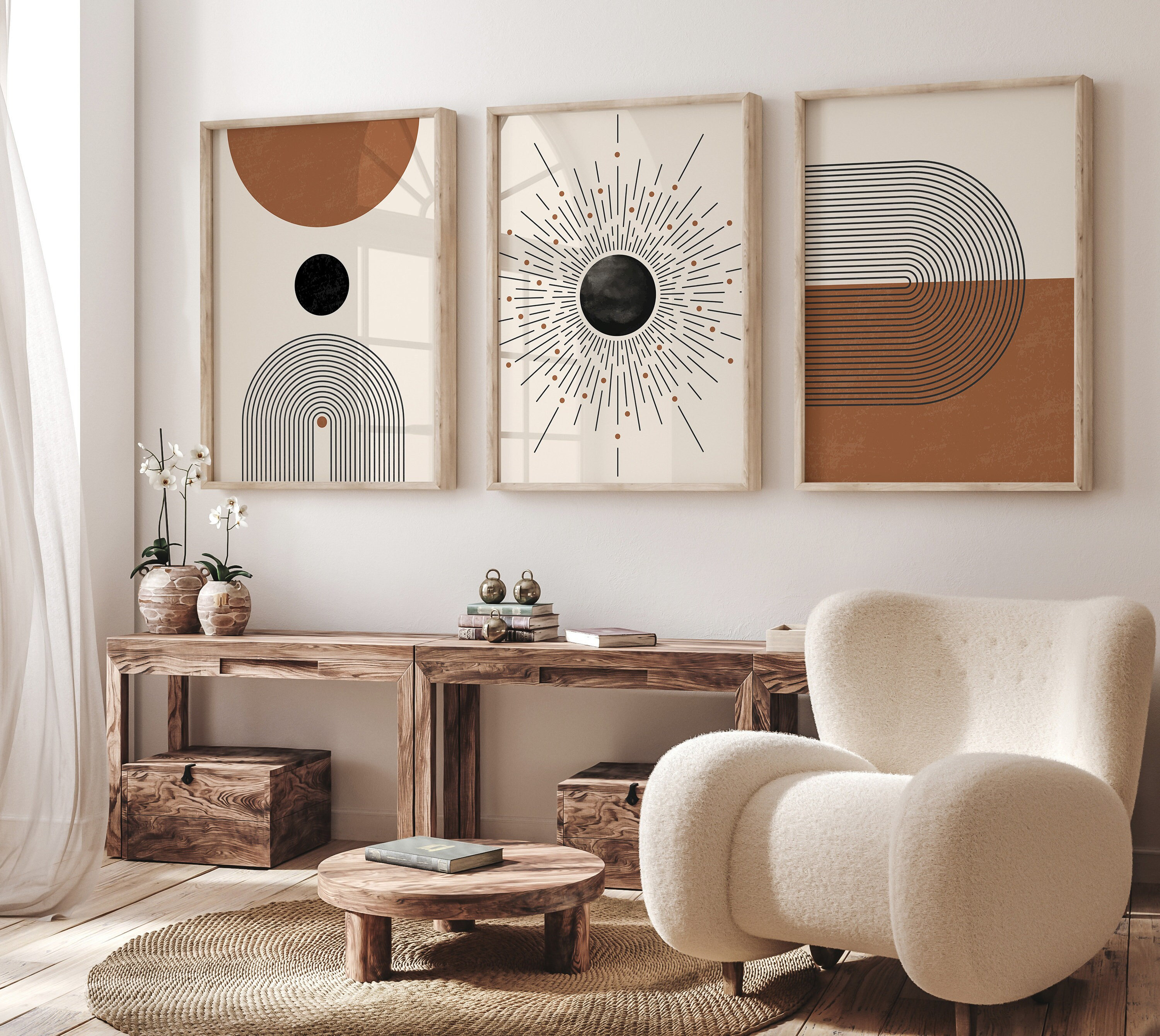 Boho Art Prints Set of 3, Orange, Black Rainbow Printables, Mid Century Modern, Neutral Abstract Wall Art, Digital Download
