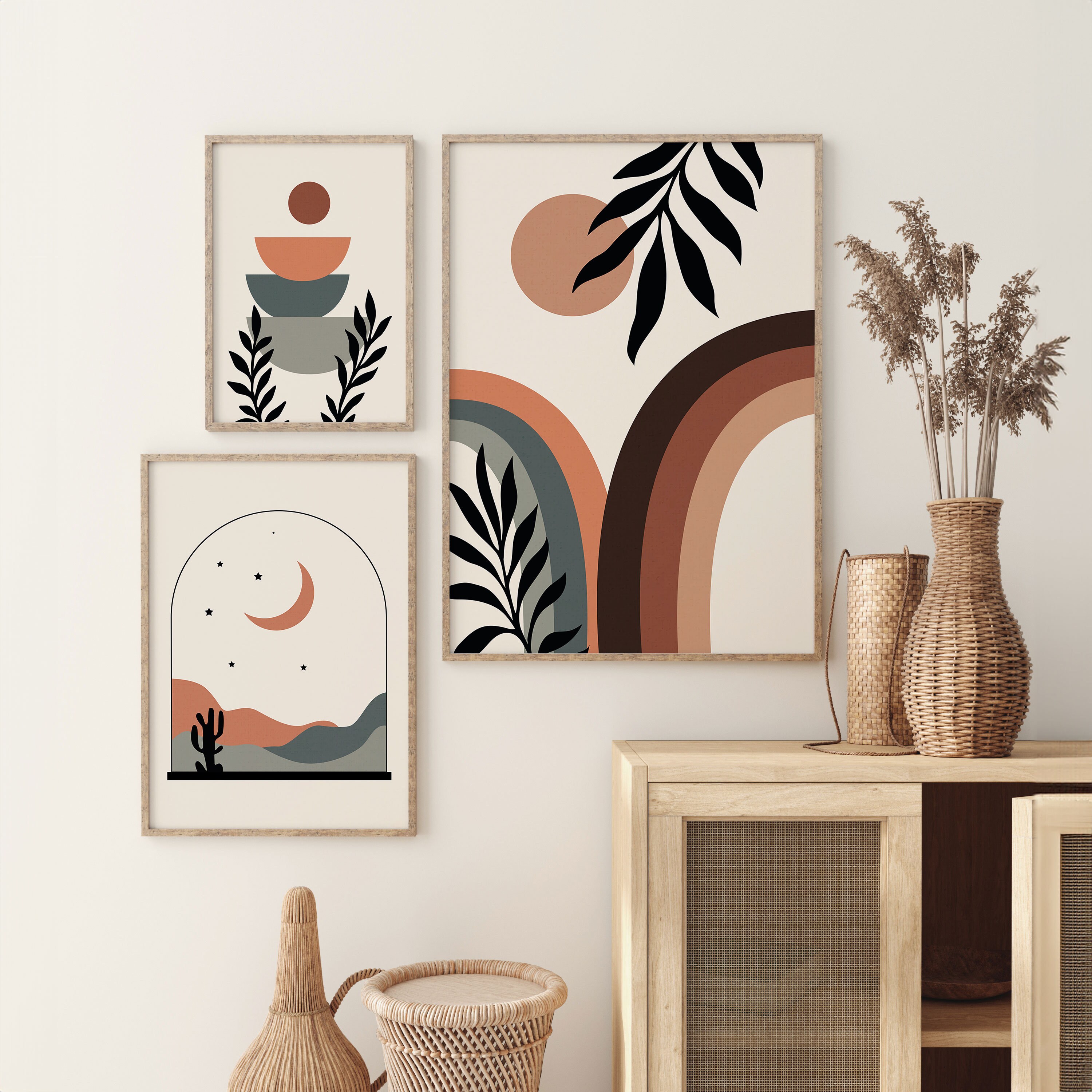Boho Wall Art Set, Mid Century Modern, Orange Green Abstract