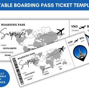 Boleto de viaje sorpresa de tarjeta de embarque editable, plantilla de boleto de tarjeta de embarque de bricolaje, boleto de avión personalizado imprimible, tarjeta de embarque de Canva