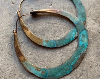 Thick Antique Brass Hoops with Turquoise Patina