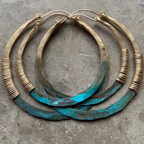 Brass Hoop Earrings / Green Patina / Custom Hoops / Large / Small / Hammered / Rustic Jewelry / daniellerosebean / Boho / Statement Earring