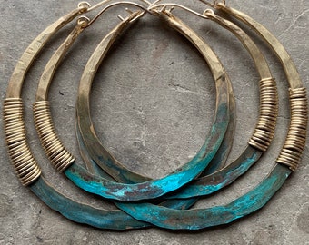 Brass Hoop Earrings / Green Patina / Custom Hoops / Large / Small / Hammered / Rustic Jewelry / daniellerosebean / Boho / Statement Earring