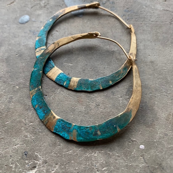 Brass Hoop Earrings / Green Patina Hoops / Rustic Jewelry / Hammered / Boho Jewellery / DanielleRoseBean / Custom / Tribal Earring