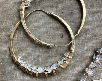 Large Hoop Earrings / Hammered Brass / Herkimer Diamonds / Wire Wrapped / Statement Jewelry / Daniellerosebean / Big Hoops