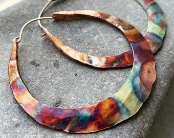 Copper Hoop Earrings / Rainbow Hoops / Hammered / Thick / Blade Hoops / Rustic Jewelry / Boho / daniellerosebean / statement earrings