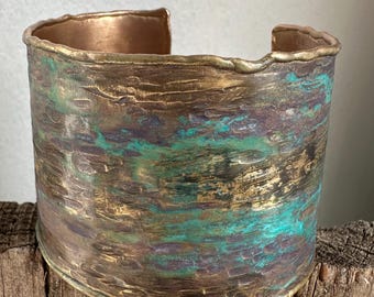 Bracelet manchette en laiton rustique, patine verte, manchettes martelées, bijoux Daniellerosebean, bohème