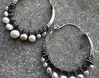 Pearl Hoop Earrings / Sterling Silver Hoops / Boho Jewellery / Small Hoop Earring / Wire Wrapped Jewelry / Daniellerosebean / Ombre Metal