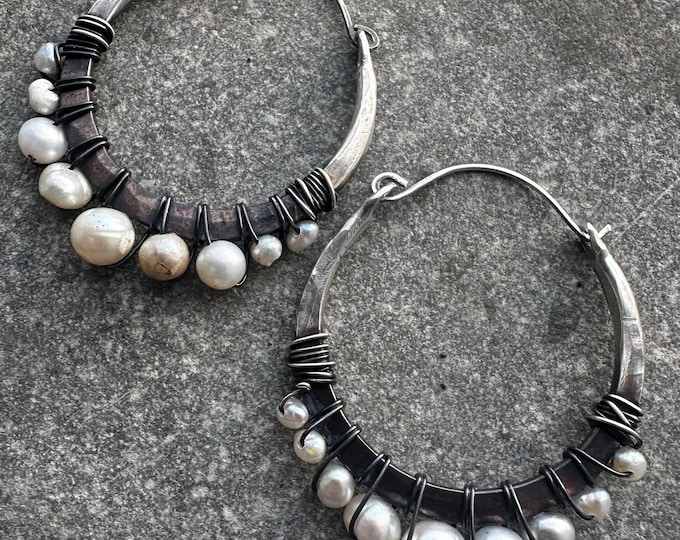 Pearl Hoop Earrings / Sterling Silver Hoops / Boho Jewellery / Small Hoop Earring / Wire Wrapped Jewelry / Daniellerosebean / Ombre Metal