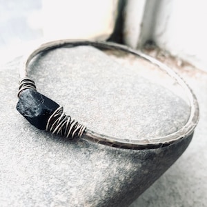 Sterling Silver Bracelet /Bangle Bracelet /Raw Gemstone / Rustic Jewelry /Black Tourmaline / Silver Bangle / DanielleRoseBean / Silver image 1