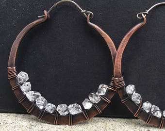 Copper Hoop Earrings / Herkimer diamond  / Hoop Earrings / Crystal Earrings / Large Hoop Earrings / Rustic Jewelry Daniellerosebean