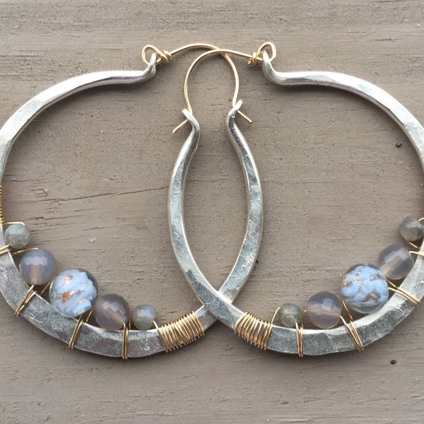 Sterling Silver Hoop Earrings Mixed Metal Earrings Wire Wrap Earrings large Hoop Earrings Daniellerosebean Large Hoops Silver Hoops