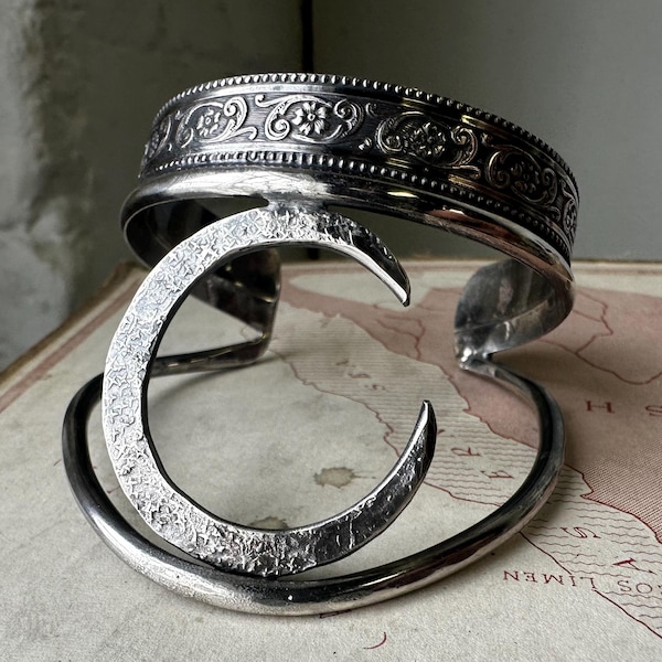 Handforged Sterling Silver Crescent Moon Cuff Bracelet, Celestial Jewelry