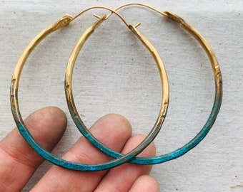 Thin Boho Brass Hoop Earrings with Green Patina