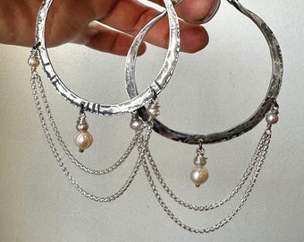 Sterling Silver Hoop Earrings / Pearl Earring / Daniellerosebean / Oversized Jewelry / Large Hoops / Pearl Jewellery / Mermaid / Boho