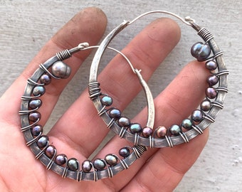 Sterling Silver Hoop Earrings / Peacock Pearls / Wire wrapped jewelry / Rustic Jewelry / Boho / Daniellerosebean / Oxidized Earring /
