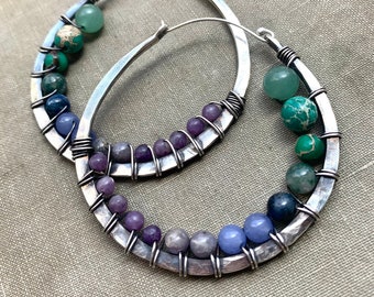 Ombré Hoop Earrings / Hammered Sterling Silver  / Daniellerosebean / Gemstone Jewelry / Wire Wrapped / boho / Large Hoops / Statement