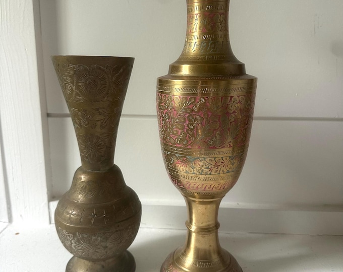 Antique Brass Vase, Handmade Vintage Vases, Set of 2