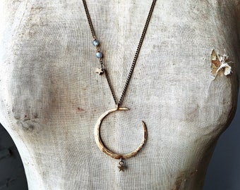 Crescent Moon Necklace / Hammered Brass / Celestial Pendant  / Layering Necklace / daniellerosebean / boho jewelry / Healing Stones / Star