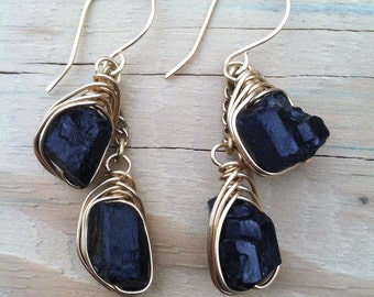 Raw Black Tourmaline Dangle Earrings Long Earrings Gemstone Earrings Wire Wrap Jewelry Daniellerosebean Wire Wrap Earring Drop Earrings