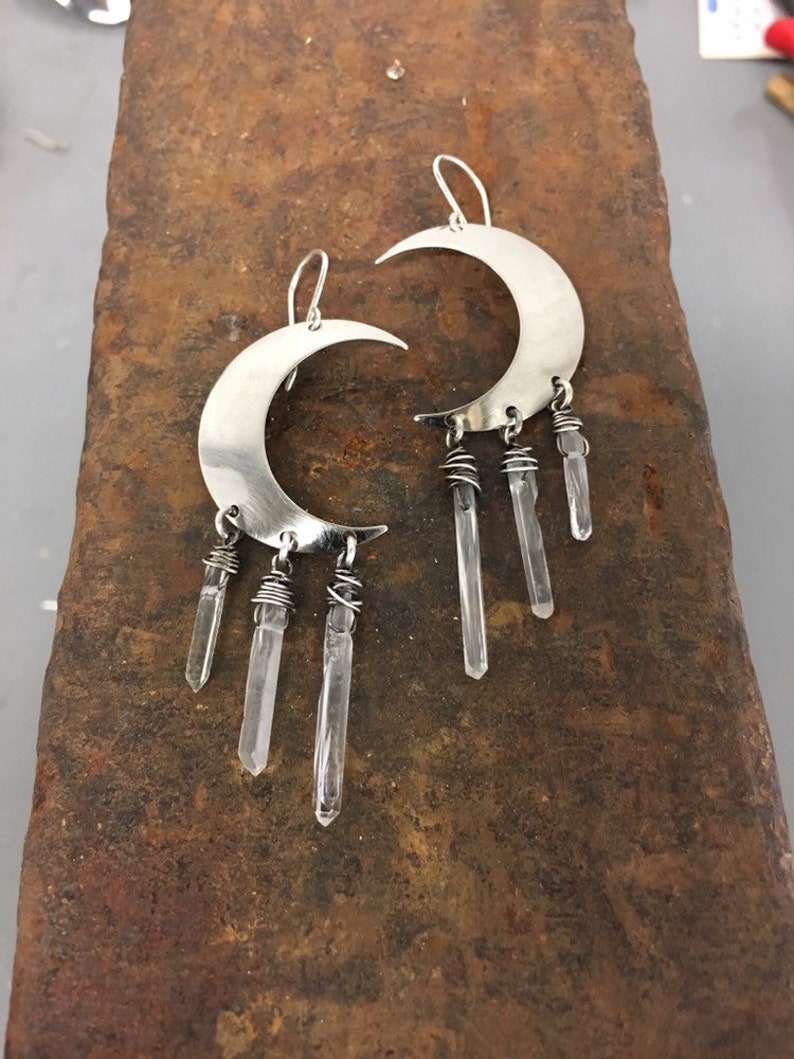 Moon Earrings Healing Crystal rainbow Dangle Earring Silver Earrings Daniellerosebean moon Raw Crystals Black Friday