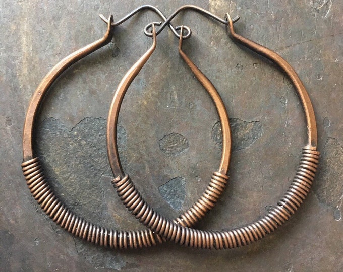 Copper Hoop Earrings Wire Wrap Hoops Copper Hoops Big Earrings Rustic Jewelry DanielleRoseBean Large Hoop Earrings Large Hoops