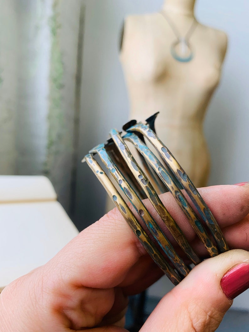 Hammered Brass Bangle Set Shabby Rustic Jewelry Stacked Bracelets Boho DanielleRoseBean Green Patine vintage brass