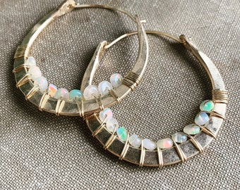 14k Gold Fill Hoop Earrings / Wire Wrap Jewelry / Fire Opals / Healing Stones / Gold Hoops / Daniellerosebean / October Birthstone