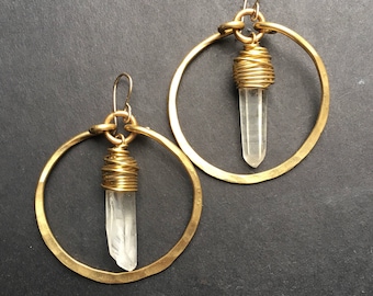 Raw Quartz Hoop Earrings / Hammered Brass / Boho / Wire Wrapped Jewelry / Statement Earrings / Healing Crystal DanielleRoseBean Dangle Hoops