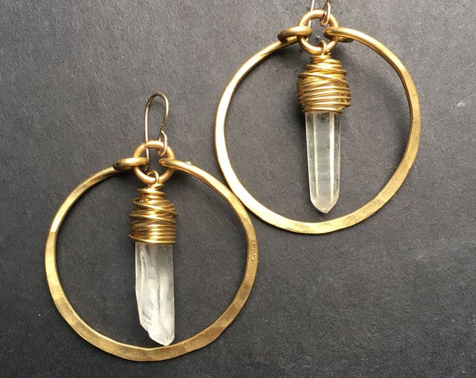 Brass and Raw Quartz Hoops