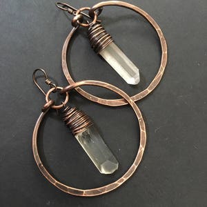 Copper Hoop Earrings Crystal Earrings Raw Quartz Healing Crystals Copper Hoops /Rustic Jewelry DanielleRoseBean Dangle Hoops image 2