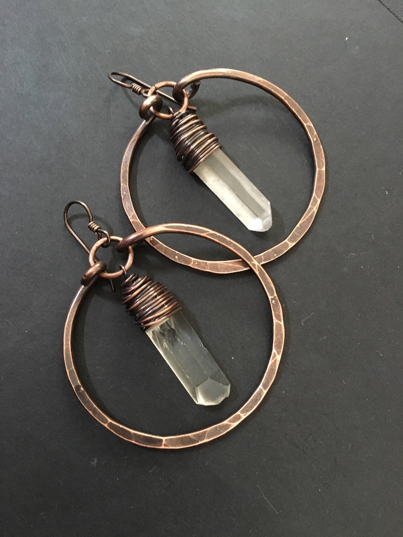 Copper Hoop Earrings Crystal Earrings Raw Quartz Healing Crystals Copper Hoops /Rustic Jewelry DanielleRoseBean Dangle Hoops image 2