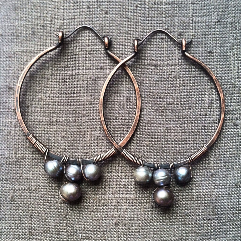 Copper and Pearl Hoop Earrings Wire Wrap Earrings Large Hoop Earrings Rustic Jewelry Daniellerosebean Big Copper Hoops