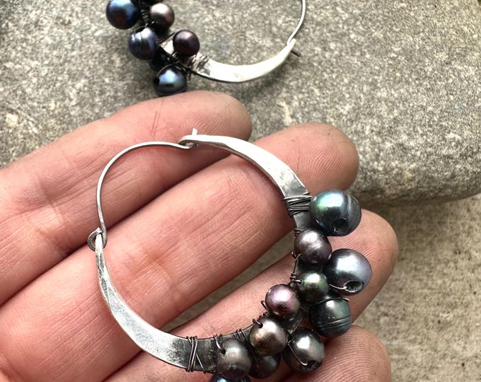 Pearl Hoop Earrings / Sterling Silver Hoops / Rustic Jewelry / Daniellerosebean / Boho / Freshwater Pearls / Wire Wrapped Jewellery