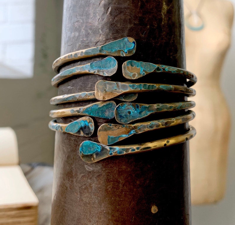 Hammered Brass Bangle Set Shabby Rustic Jewelry Stacked Bracelets Boho DanielleRoseBean Green Patine vintage brass
