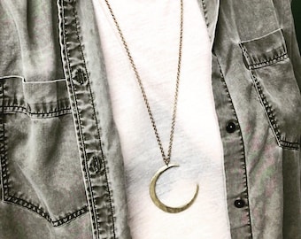 Crescent Moon Necklace / Hammered Brass / Celestial Pendant  / Layering Necklace / daniellerosebean / boho jewelry / moons / long Chain