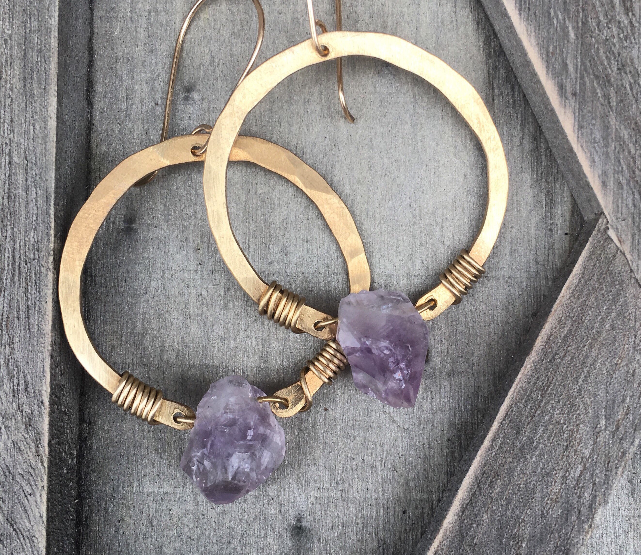 Hoop Earrings Raw Amethyst Earrings Healing Crystal Etsy