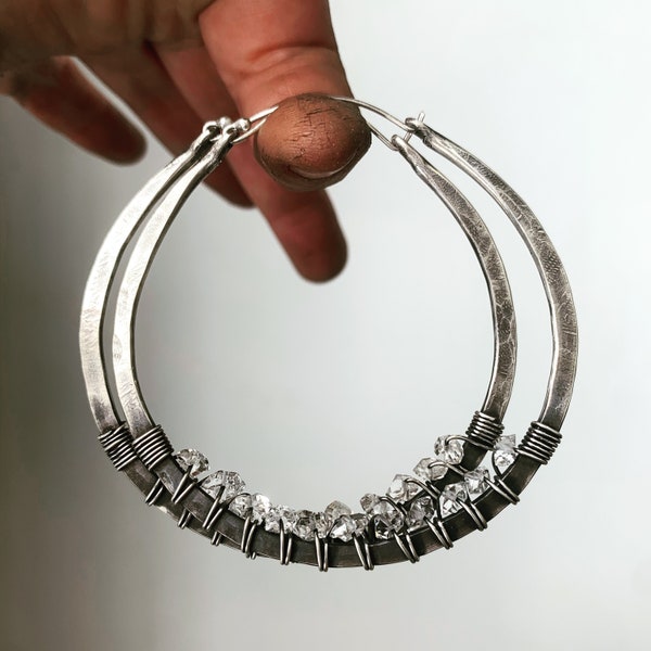 Hammered Sterling Silver Hoop Earrings / Herkimer Diamond Hoops / oxidized / Wire wrap Jewelry / Statement / daniellerosebean / Boho
