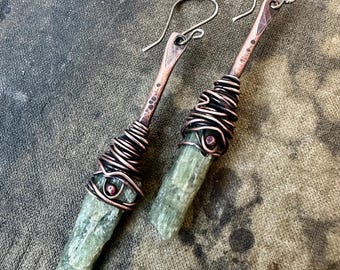 Rustic Copper Wrapped Green Kyanite Earrings
